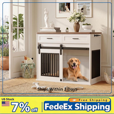 44.5'' Dog Crate Furniture, 2 Drawer Storage Barn Door End Table for Medium Dogs