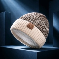 2 x Men's Winter Knit Beanie Hat Fleece Lined Warm Thermal Wool Cap Beige