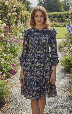 Boden Trim Detal Jersey Dress Womens UK 12/US 8 Navy Floral Ruffle Pleated Midi