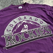 90s LOGO 7 SPORTS COLORADO ROCKiES HiGH NECK SiNGLE STiTCH SLUBBY MLB TEE PURPLE