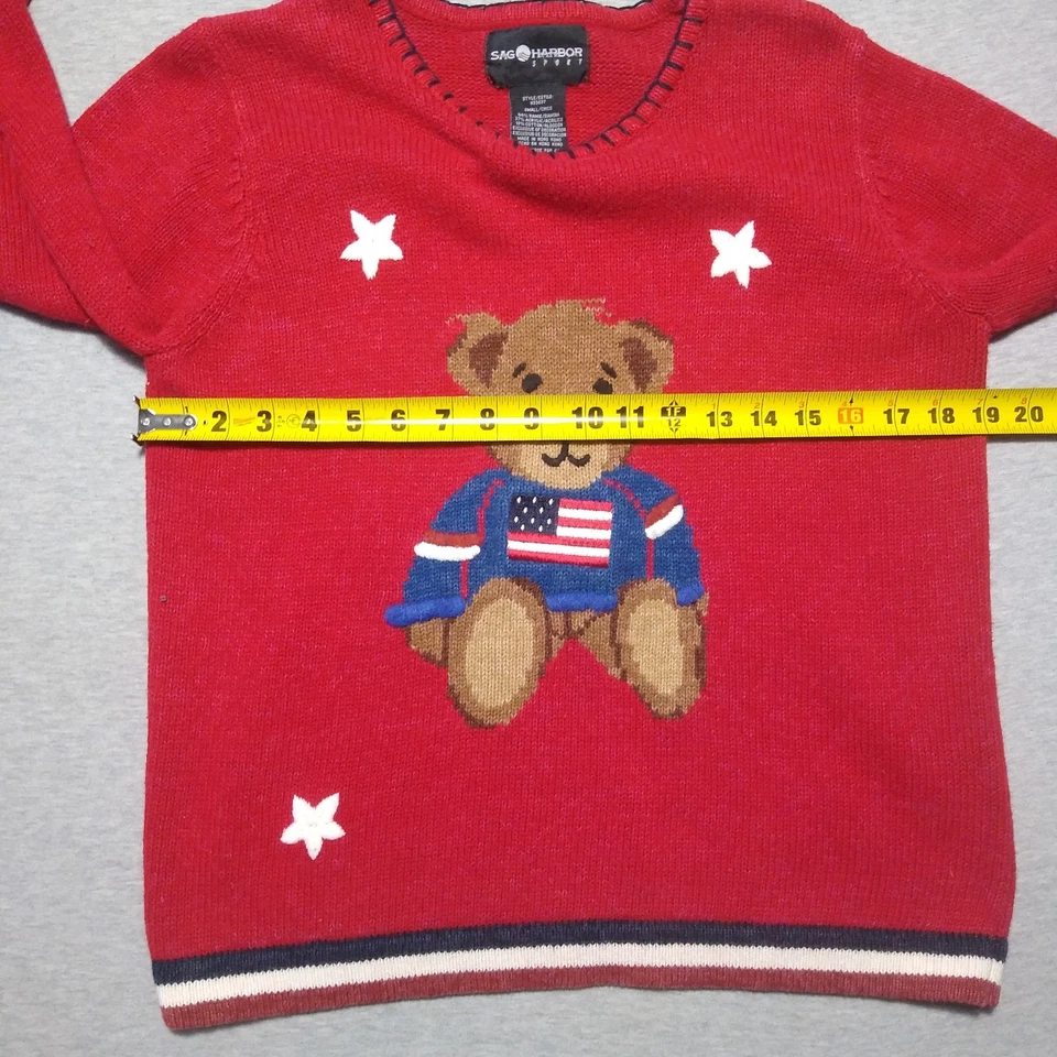 Vintage Sag Harbor Teddy Bear Sweater Patriotic Americana Women Red Small - Image 2 of 4