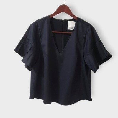 Prose & Poetry Pleat Flutter Sleeve V-Neck Blouse Woven Cotton Top Black Size M