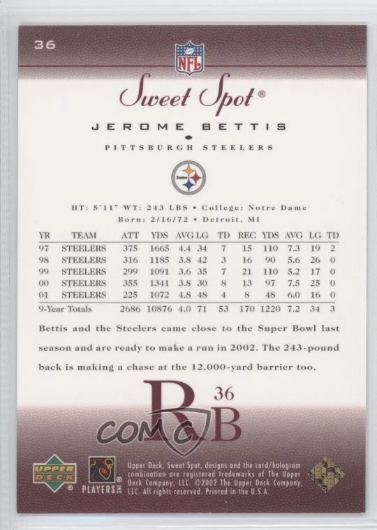 2002 Upper Deck Sweet Spot Jerome Bettis #36 HOF - Image 2 of 2