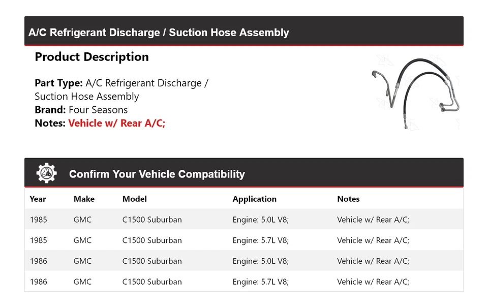 Conjunto de manguera de línea de succión de descarga suburbana GMC C1500 1985-86 4 estaciones Foto 2 de 4