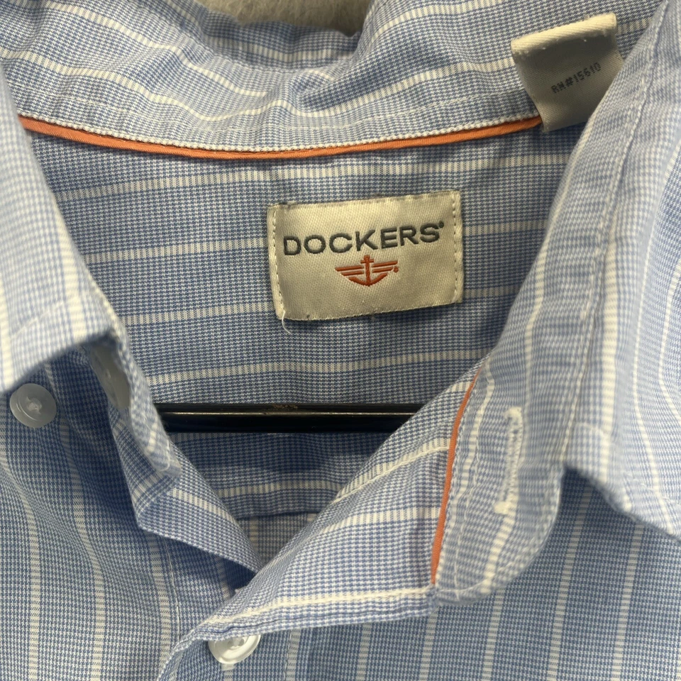 Camisa Dockers Abotonada Para Hombre Grande Manga Larga Azul Blanco Rayas Informal L Foto 4 de 4
