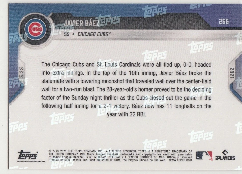 2021 Topps Now Baseball On-Demand JAVIER BAEZ #266 Cubs - PR 481 - Image 2 of 2