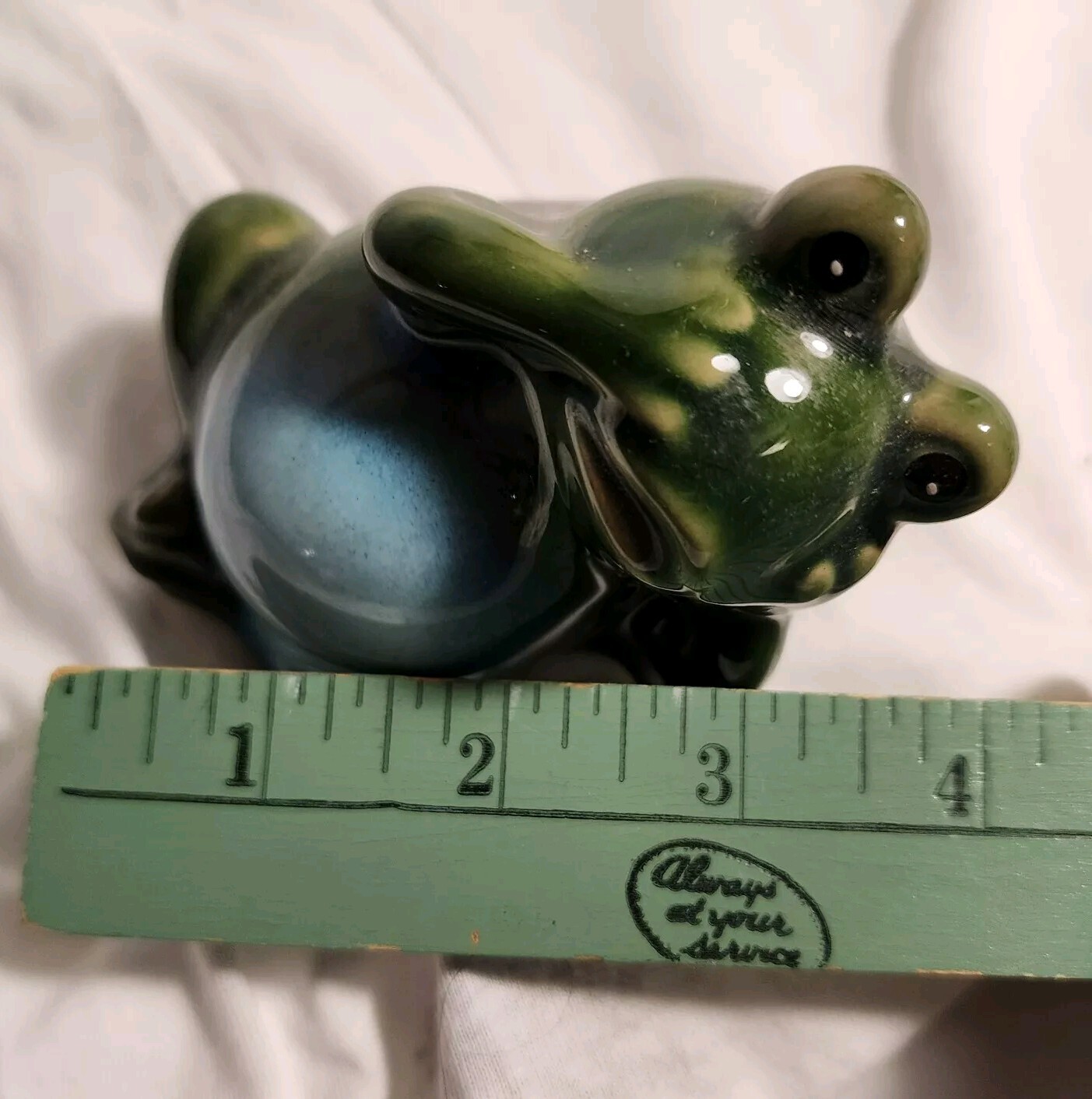 Cute Fat Green Ceramic Garden Frog Figurine Relaxing Laying On Side