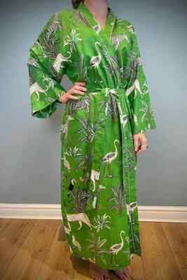 100 % Baumwolle langer Kimono grün Wald Damen indische Nachtwäsche Roben Klei...
