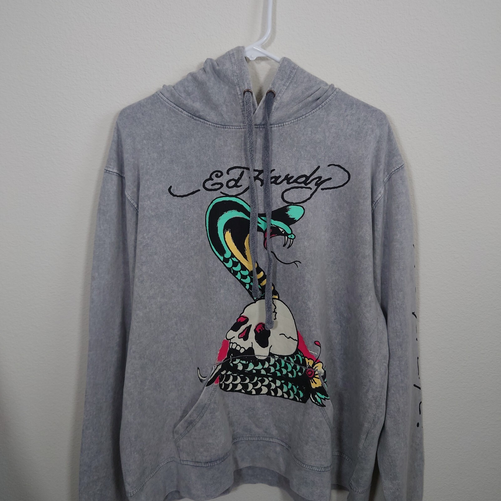 Ed Hardy Mens Grey Cobra Art For Life Hoodie Pullover Size L