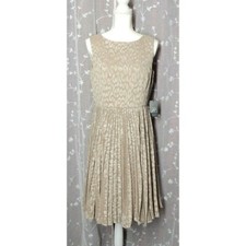 6 Adrianna Papell Burn Out Pleated Skirt Dress Fit & Flare Natural Taupe Tan NWT