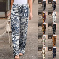 New Womens Cotton Linen Wide Leg Pants Ladies Elasticated Waist Casual Trousers