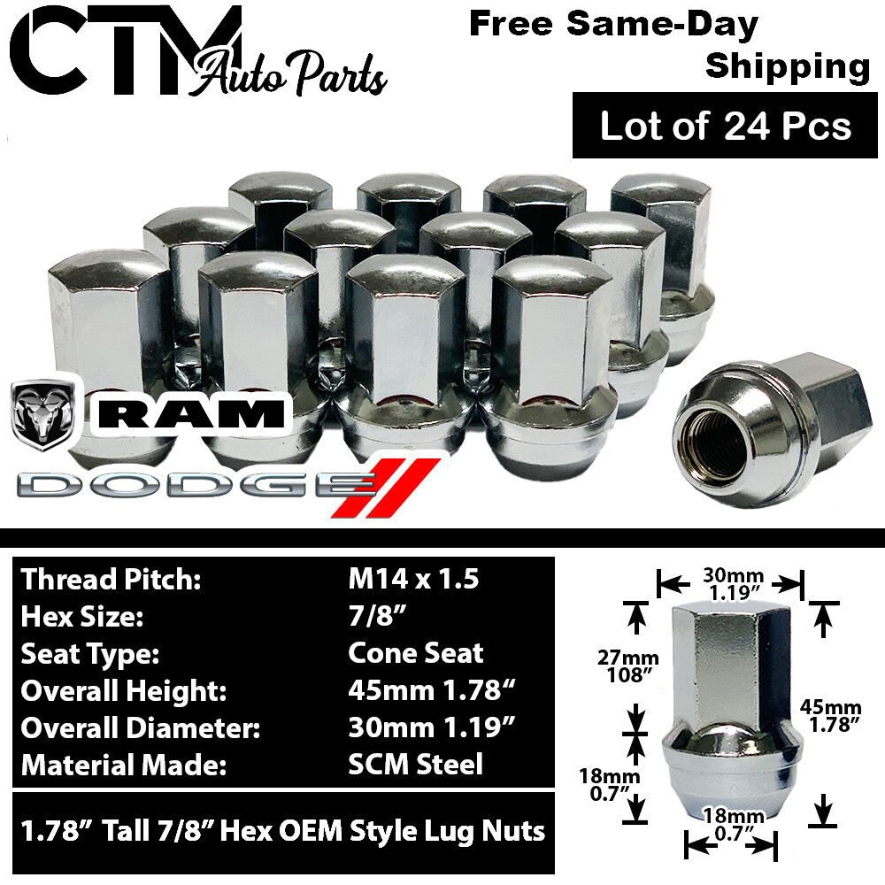 20 Chrome M14x1.5 Lug Nuts – 60° Conical Seat, 7/8" Hex – Fits Dodge Ram 1500 & Durango – Factory Style