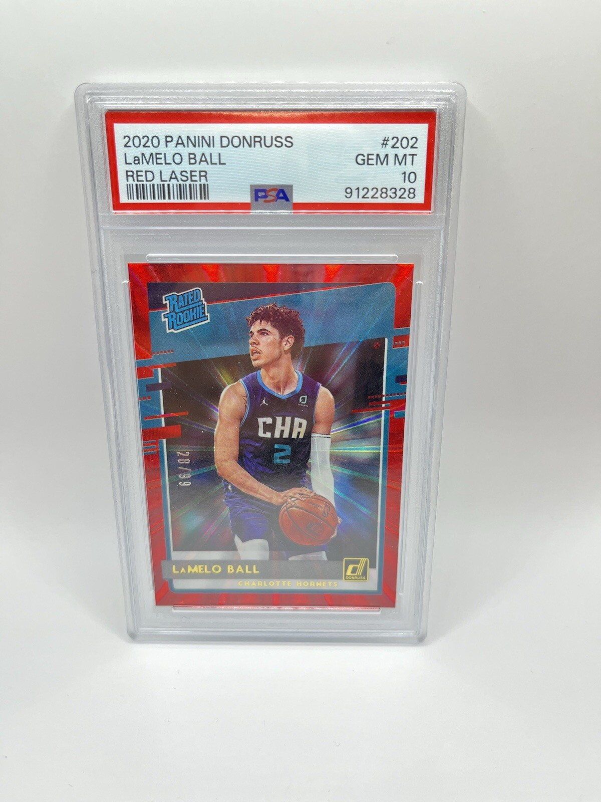 2020 Panini Donruss LaMelo Ball Red Laser # 202 28 /99 PSA 10 GEM MT