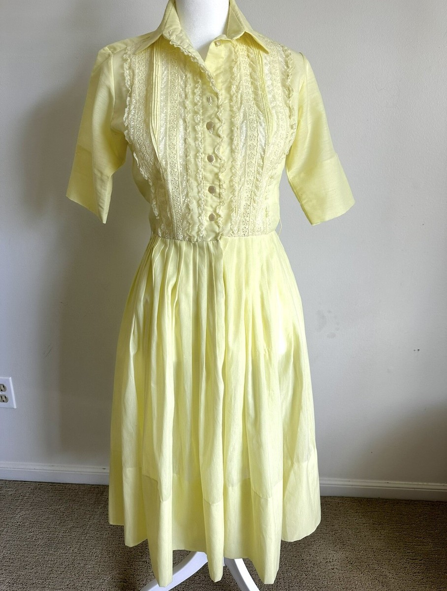 Vintage 50s 60s L'Aiglon Voile Yellow Shirt Dress Lace Pleated