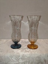Pair Cut Glass With Colored Blue and Amber Stem Italy Bud Vases 6-1/2"