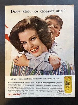 Vtg 1961 Print Ad Miss Clairol Hair Color Creme Formula, Does she or doesn't she