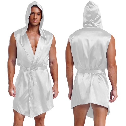Men's Hooded Bathrobes Silky Satin Open Front Kimono Robe with Belts Loungewears - Picture 29 of 63