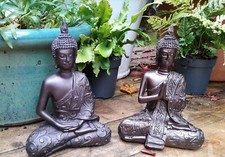 2 Mystic Thai Buddha ornaments sculptures, set of two in cold cast bronze resin