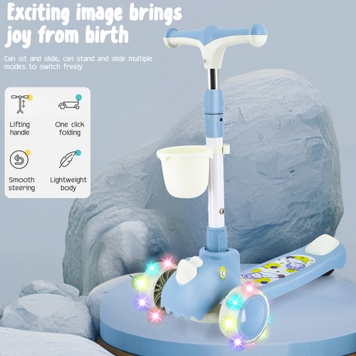 Light Up Height Adjustable 3 Wheel Scooter, 4 Gears Foldable Travel Scooter US - Picture 8 of 16