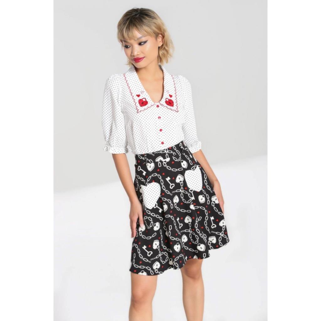 Hell Bunny Heart Lock Chain Mini Skirt Black Flared Polka Dot