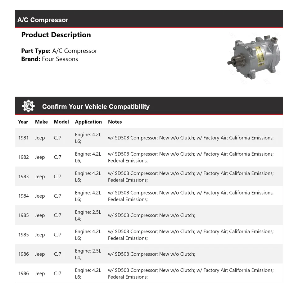 Compresor de aire acondicionado Jeep CJ7 1981-1986 4 estaciones 1982 1983 1984 1985 Foto 2 de 4