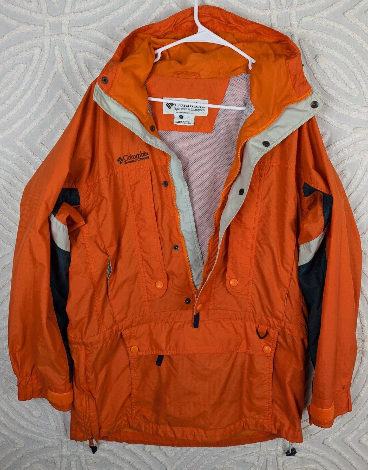 Columbia 1/2 Zip Anorak Jacket Pullover Ski Snowboard Pockets Hood Orange Mens S