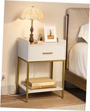 Nightstand with Charging Station,3-Tier Bedside White With Charging Station