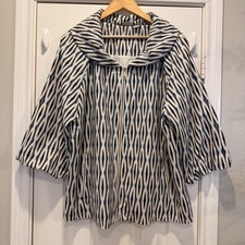 Chico's Zenergy Jacket Sz 3 US XL/16 Ikat Blue Lotus Lined Shawl Neck 3/4 Sleeve