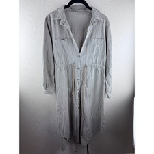 Button Down Shirt Dress Gauzy Small Tan Drawstring Waist Minimalist Brunch Boho