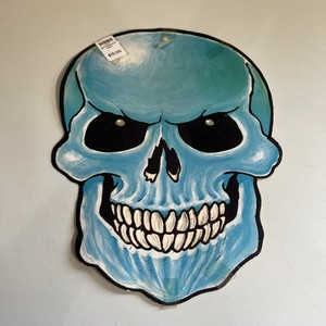 VINTAGE BIG 1970'S  HALLOWEEN CUT-OUT DOUBLE -SIDED SKULL GREENISH  BLUE  SPOOKY