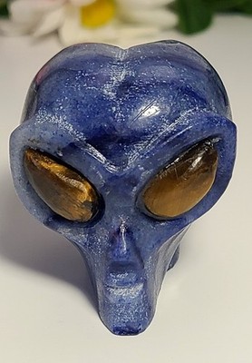 2'' Blue Aventurine Quartz Alien Head Skull Tiger Eyes Crystal Carving-Star Being