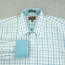 James Tattersall Shirt Mens Medium 15.5-16 Blue White Check Long Sleeve Dress