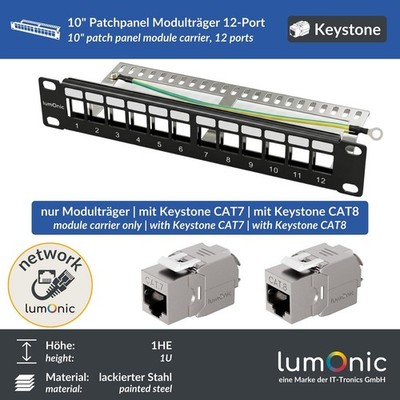 10'' Patchpanel Keystone-Modulträger, 12 Port, ohne/mit Keystones, 1HE mit Beschr