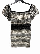 Halston Lace Sheath Dress Black Ivory Flutter Sleeve Size 12