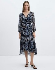 MANGO Tie Waist Floral Wrap Front Cordoba Dress in Blue UK 8/S (fm233-4)