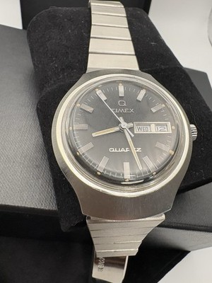 Timex Q Quartz Men's Black Dial Silver Stainless Steel Bracelet Day/Date