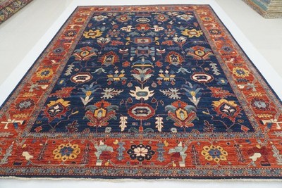 9x12 ft Navy Blue Heriz Afghan Hand Knotted Wool Oriental Area Rug