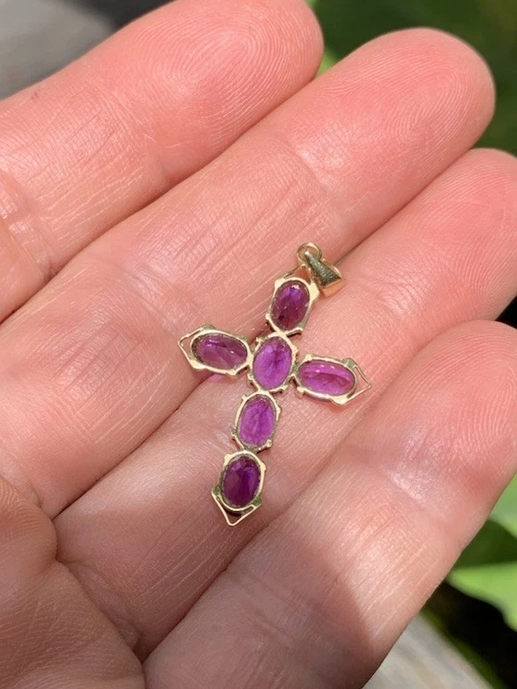 Vintage Solid 14ct Yellow Gold & Natural Amethyst Cross Pendant. - image 2 of 4