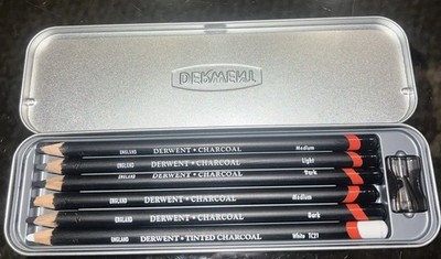 Derwent Charcoal Pencils Tin Set of 6 Artists Shades with Sharpener READ Desc