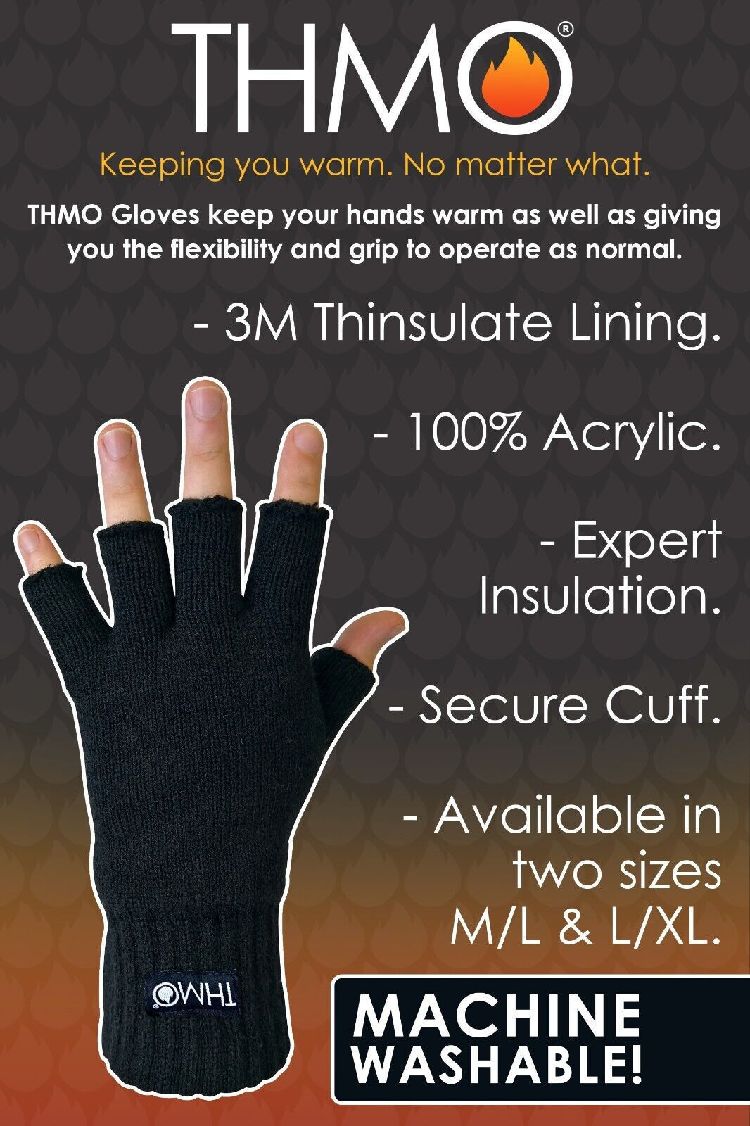 THMO - Mens Black 3M Thinsulate Insulation Lined Fingerless Gloves