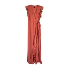 EXPRESS Women's Deep Coral Ruffle Sleeveless V Neck Wrap Maxi Dress Size X-SMALL