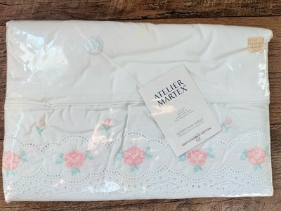 Martex Atelier Queen Flat Sheet White Pink Embroidered Roses Eyelet Lace New Vtg