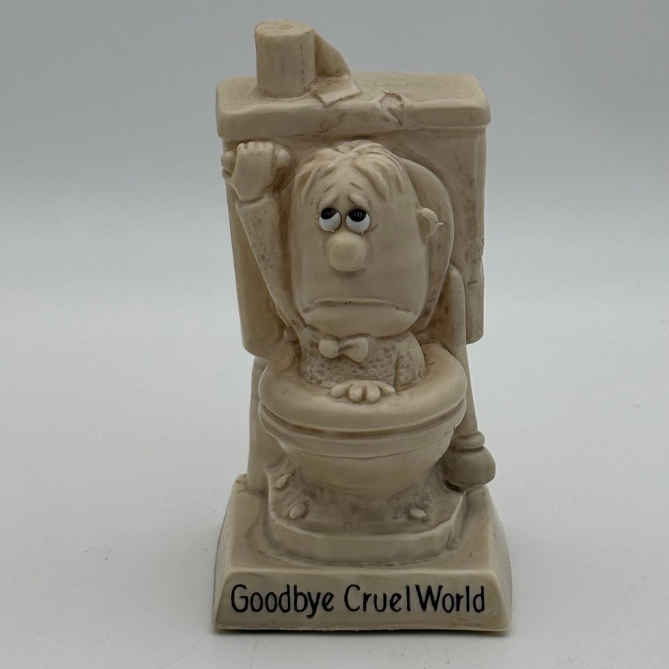 A 1970s R&W Berries toilet-humor figurine that says 'Goodbye Cruel World' — peak kitsch, instant conversation starter, and a time capsule of boomer dark humor.