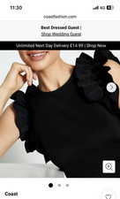 Woman Coast Ruffle Black stretch Top UK Size s 8 10 Sleeveless viscose