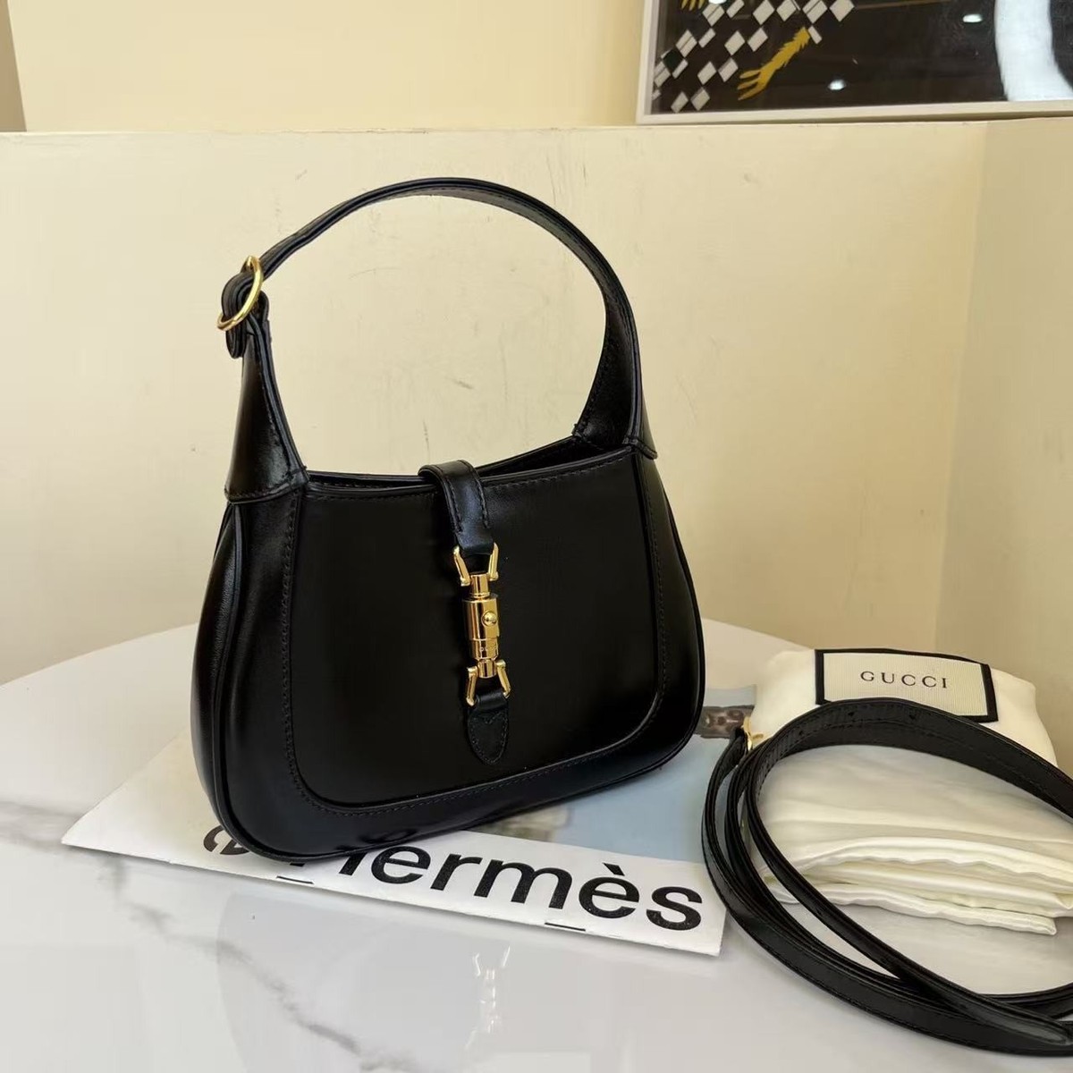 Gucci Jackie 1961 Mini Hobo Bag Black Smooth Leather Gold Hardware
