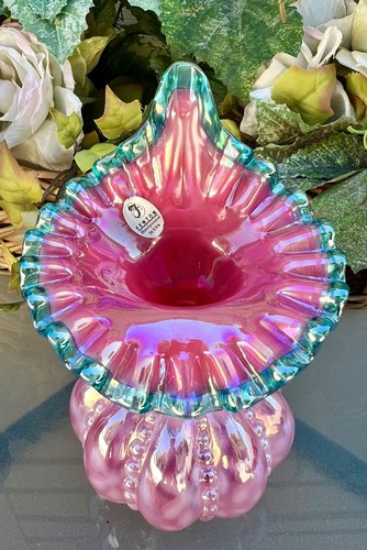 Fenton***IRIDIZED CRANBERRY OPALESCENT TEAL CREST BEADED MELON JIP VASE**1988 LE - Picture 3 of 8
