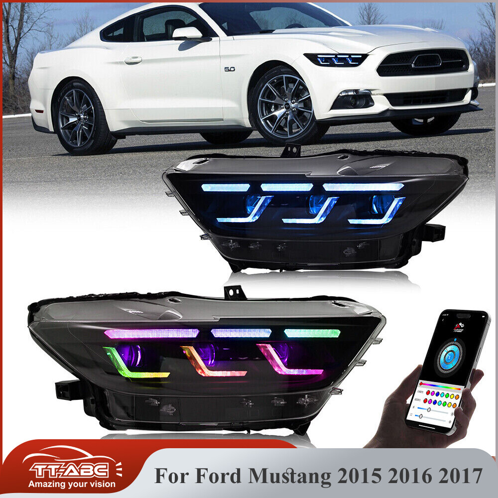 USED RGB Full LED Headlights For Ford Mustang 2015 2016 2017 Head Lamp Assembly