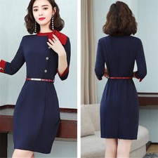 Women Pencil Dress Formal 3/4 Sleeve Button Down Dresses Tie Waist Business