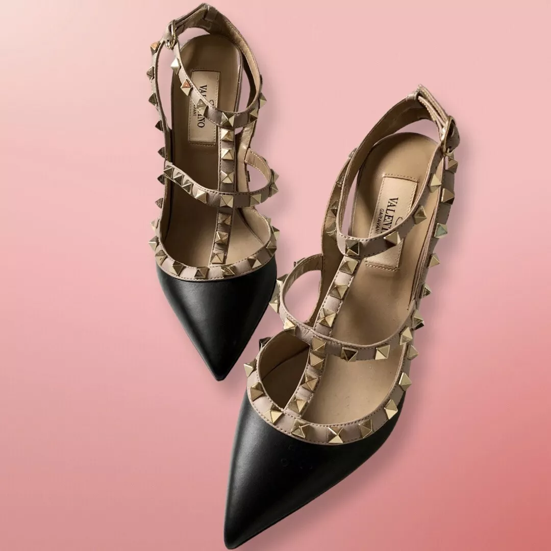 Valentino Garavani Black Nude Rockstud T Strap Pumps Size 37