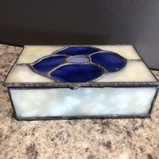 Stained Glass Trinket Box Jewelry Floral Hinged Handmade Blue Flower Mirror Vtg